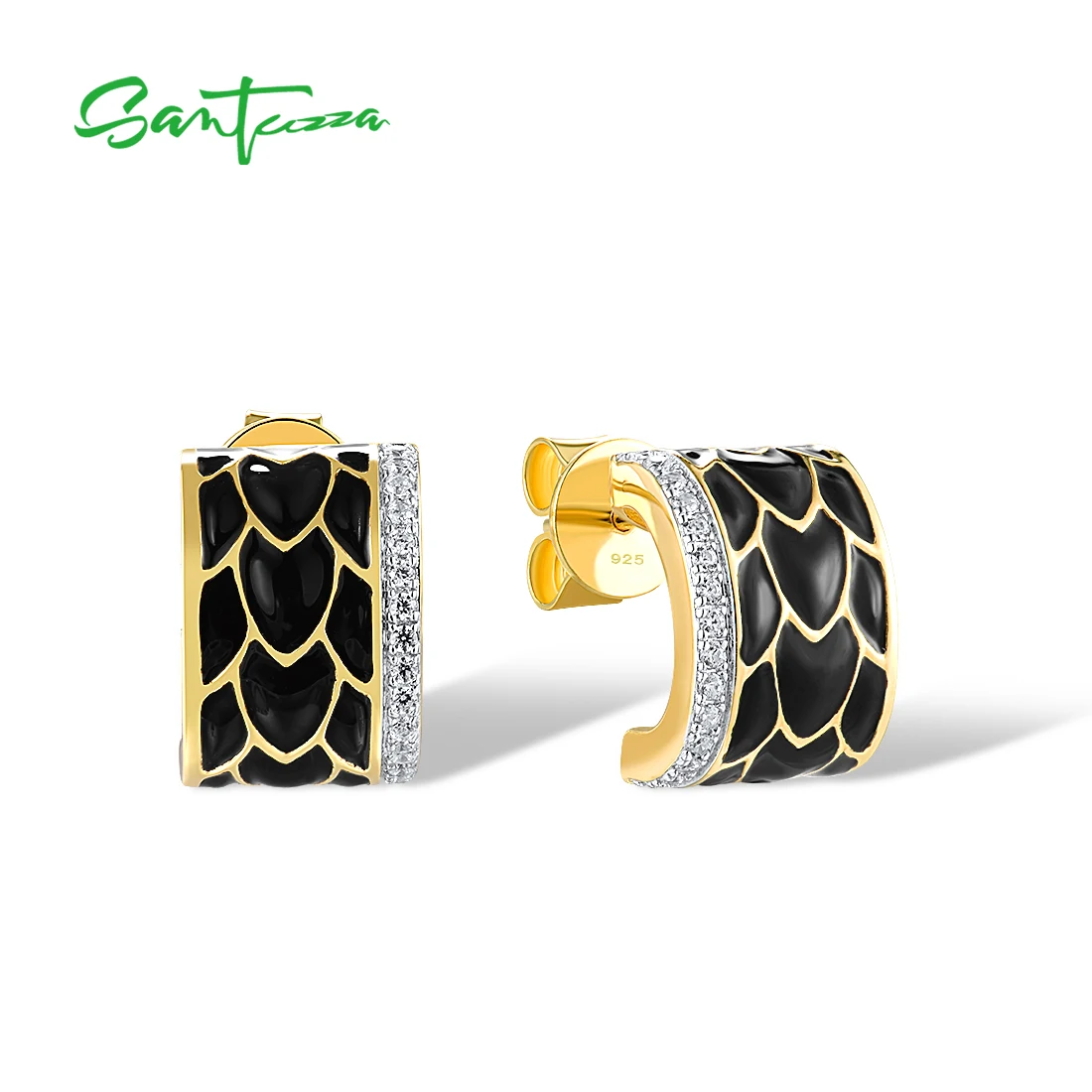 

SANTUZZA Pure 925 Sterling Silver Earrings For Woman Sparkling White CZ Black Enamel Delicate Neutral Style Gfits Fine Jewelry