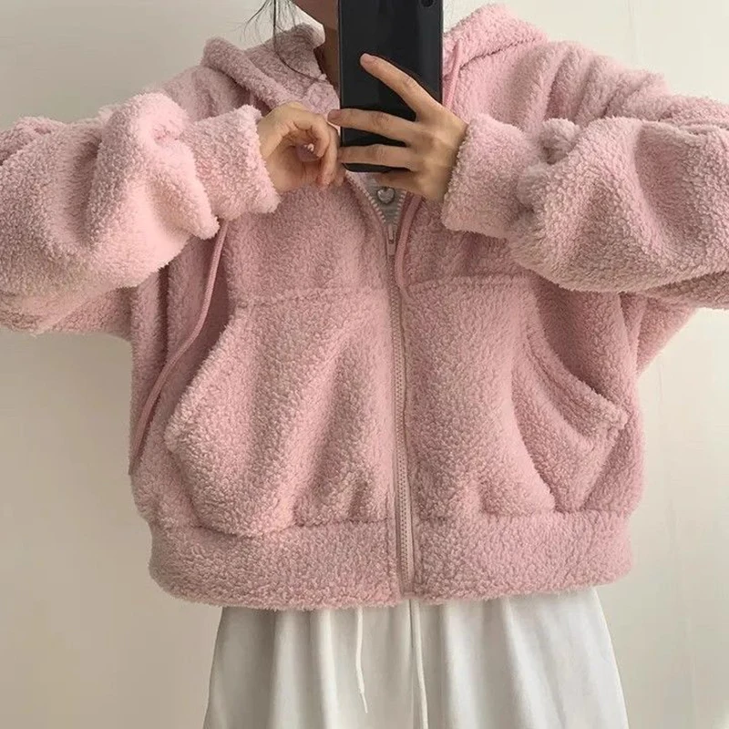 Rimocy Solid Color Cropped Teddy Jacket Women Autumn Winter Warm Hooded Fleece Coats Woman Zip Up Long Sleeve Casual Jackets