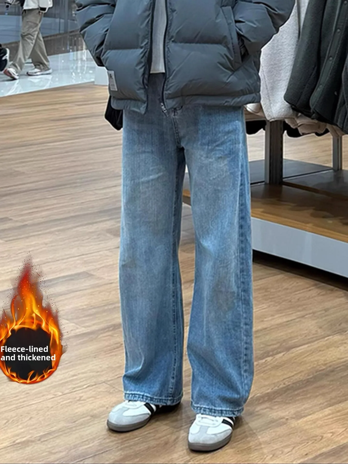 

Ice Blue Thiened Fce Lined Bamboo Texture Men's Jeans Straight Leg Workwear Pants American Retro Sle High Waist Zipper...