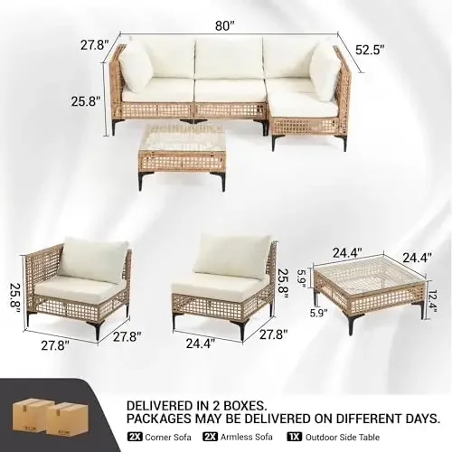 5-Piece Outdoor Wicker Patio Sectional Furniture Set, Beige | 4-Seat, PE rattan, All weather performance, Patio