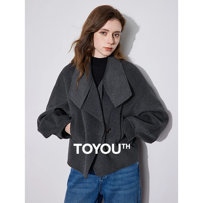 TOYOUTH Women Double Sided Woolen Coat 2024 Autumn and Winter New Lapel Collar Lantern Sleeve One Button Short Style Jacket Coat