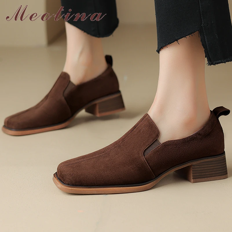 

Meotina Women Genuine Leather Loafers Pumps Square Toe Block Low Heels Kid Suede Lady Fashion Shoes Spring Autumn Black Brown 40