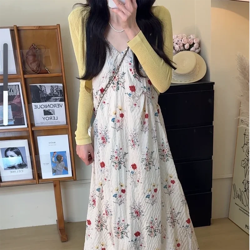 Abito con camicette stampato Harajuku Abito da donna vintage moda senza maniche con scollo a V Vacanza estiva Festa coreana Una linea di abiti lunghi