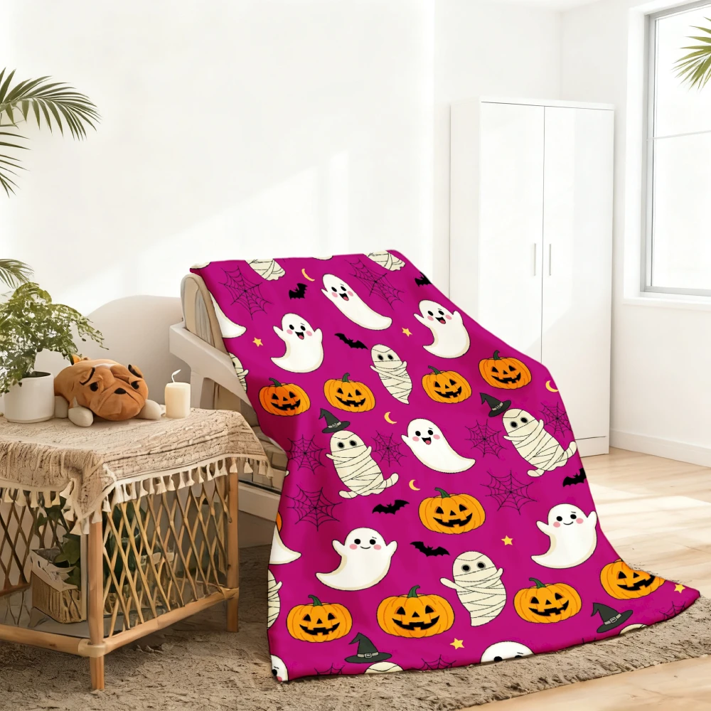 1pc Halloween Ghost Pumpkin Mummy Spider Web Print Flannel Blanket Soft Comfortable Warm Bed Cover Autumn Winter Season Home Bedroom Sofa Living Room Decor Halloween Thanksgiving Christmas Festival Gift