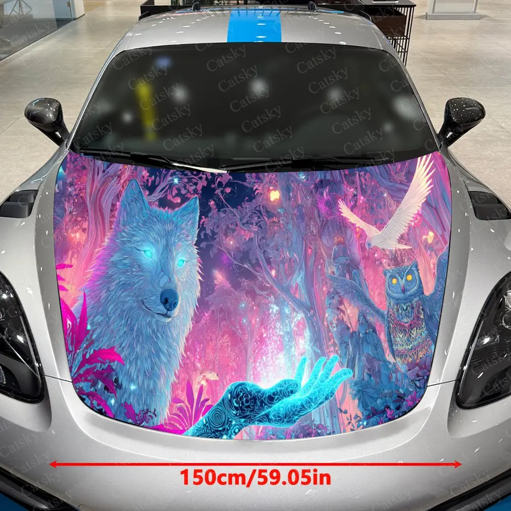 Blue Wolf Accompanies Owl & Bird Car Vinyl Wrap, PVC Waterproof Car Hood Sticker, Self-Adhesive Scratch-Resistant Stickers