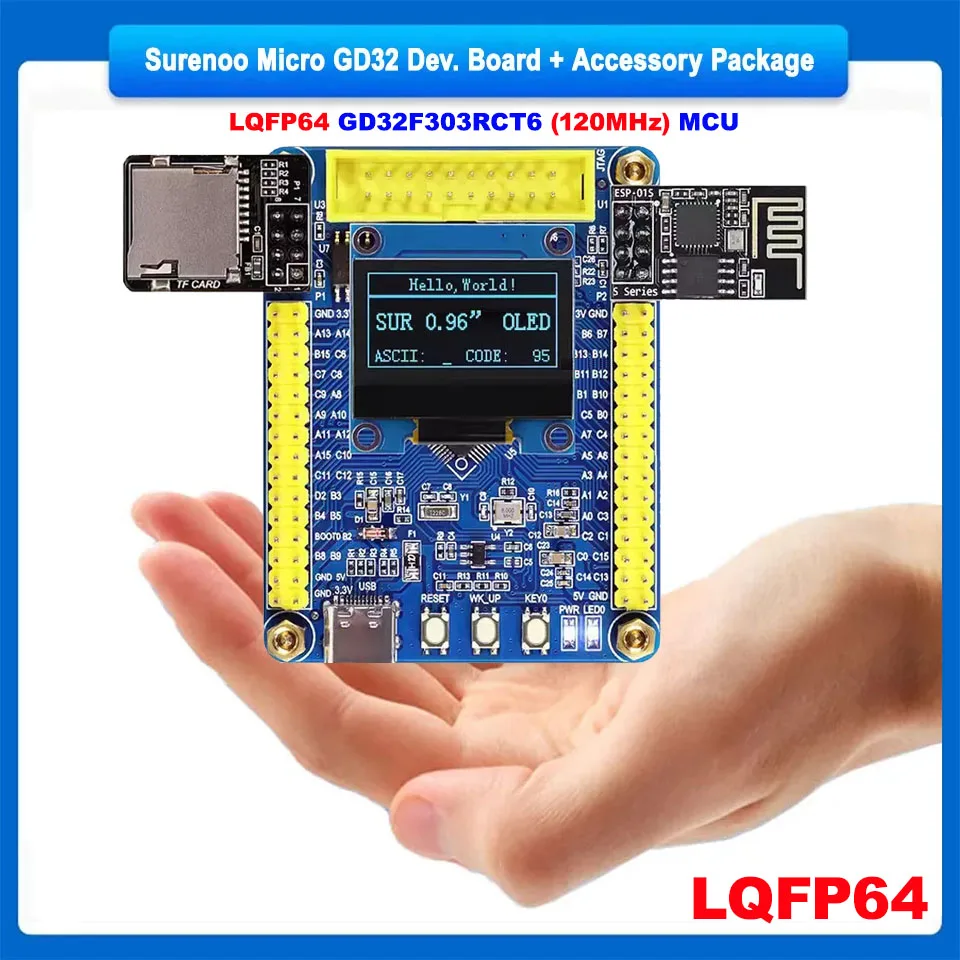 

Surenoo Micro GD32 GD32F303RCT6 STM32F103RCT6 LQFP64 Development Board, 0.96" 12864 OLED, TF Extend Slot, Serial WIFI Module