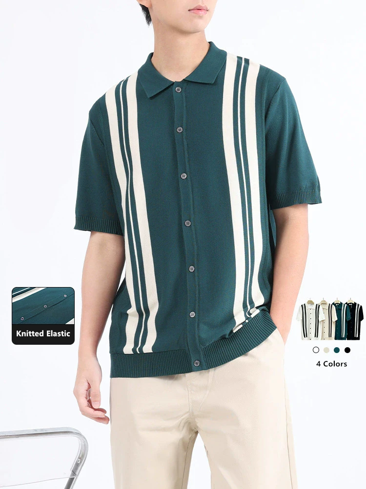 Classic Striped Elastic Knit Polo Shirts For Men Single Breasted Summer Quality Coolness Viscose Blends Casual Camisas De Hombre