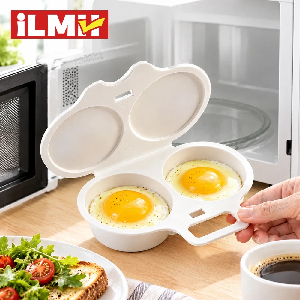 Cuiseur à œufs pour micro-ondes iLMH, sans BPA, antiadhésif, double compartiment, poêlon à œufs, appareil de préparation rapide de petit-déjeuner sans
