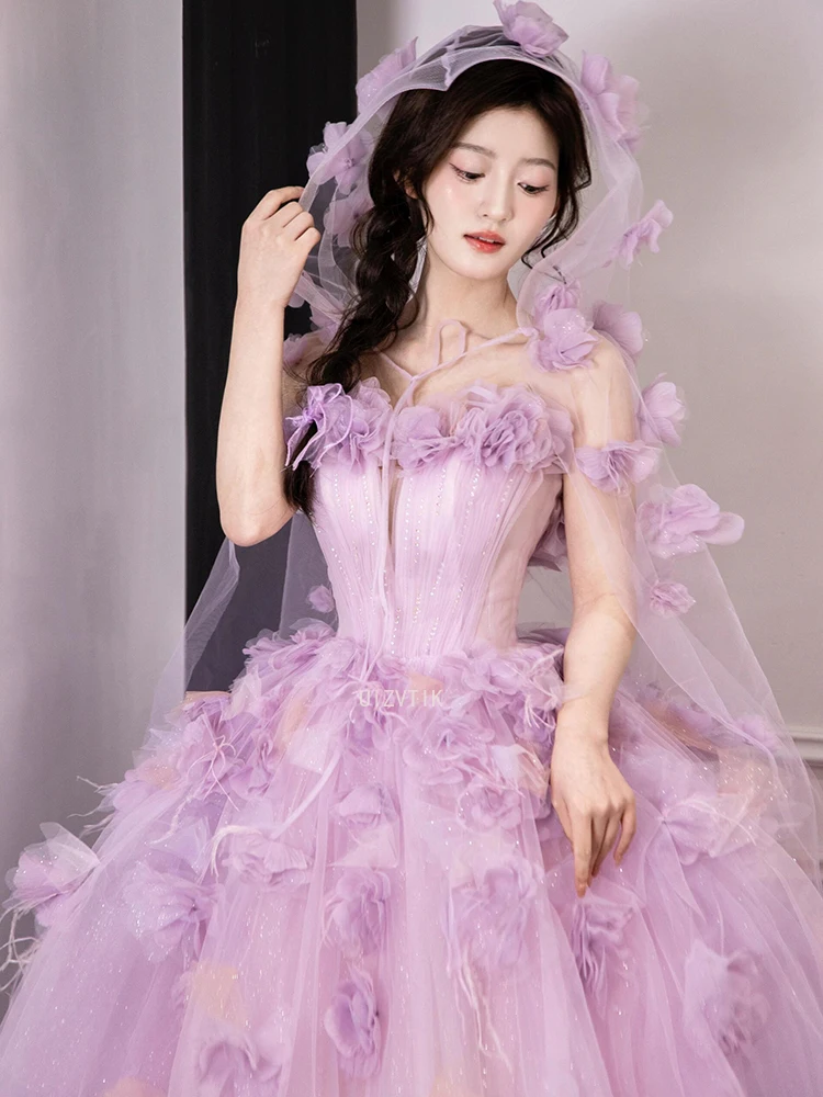 Luxury Flower Applique Wedding Dresses Women Strapless 3D Flowers A-Line Bridal Gown Customized Elegant Prom Evening Party Dress