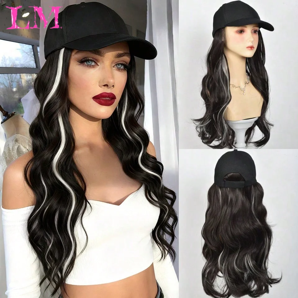LM Black Baseball Cap Wig With White Streak Highlights, Long Wavy Curly Integrated Hat Hair Wig For Girls Casual Street Styling