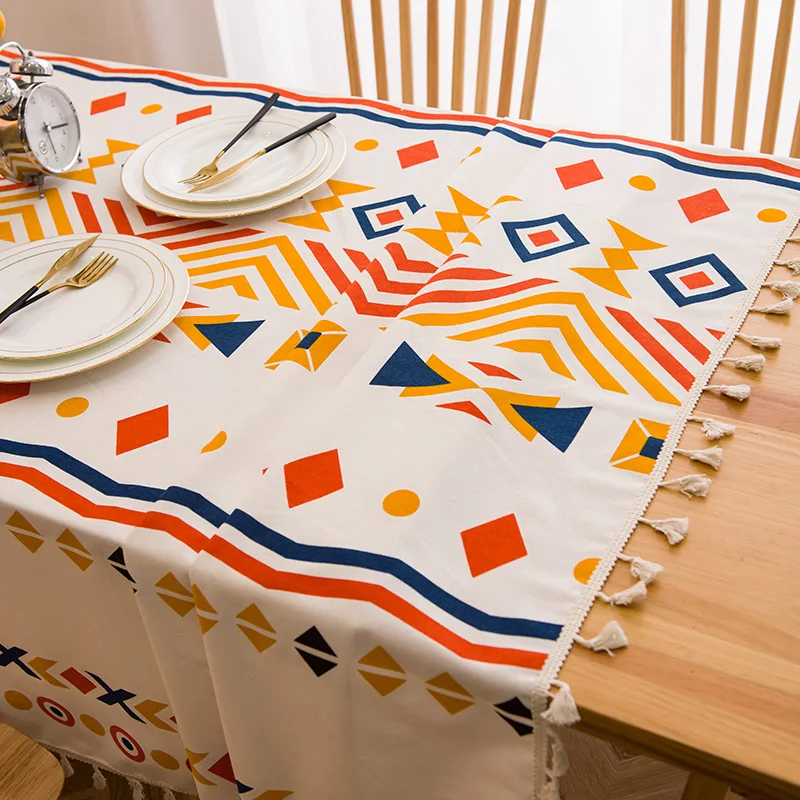 Ethnic Style Dining Tablecloth Bohemian Geometric Figure Outdoo Picnic Table Coffee Table Cushion Tassel Table Cloth Home Decor