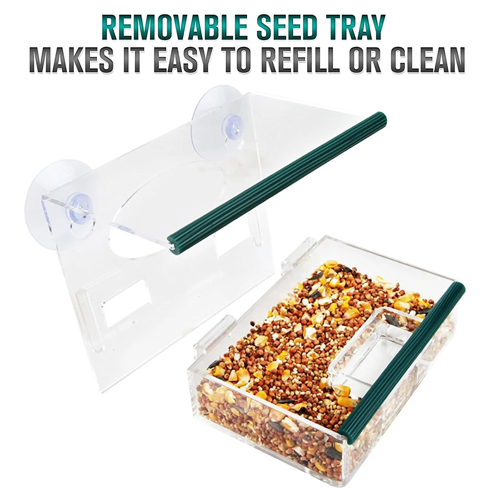

Transparent Suction Cup Bird Feeder Large Removable Tray Drain Holes Super Strong Suction Cups Attract Finches Sparrows