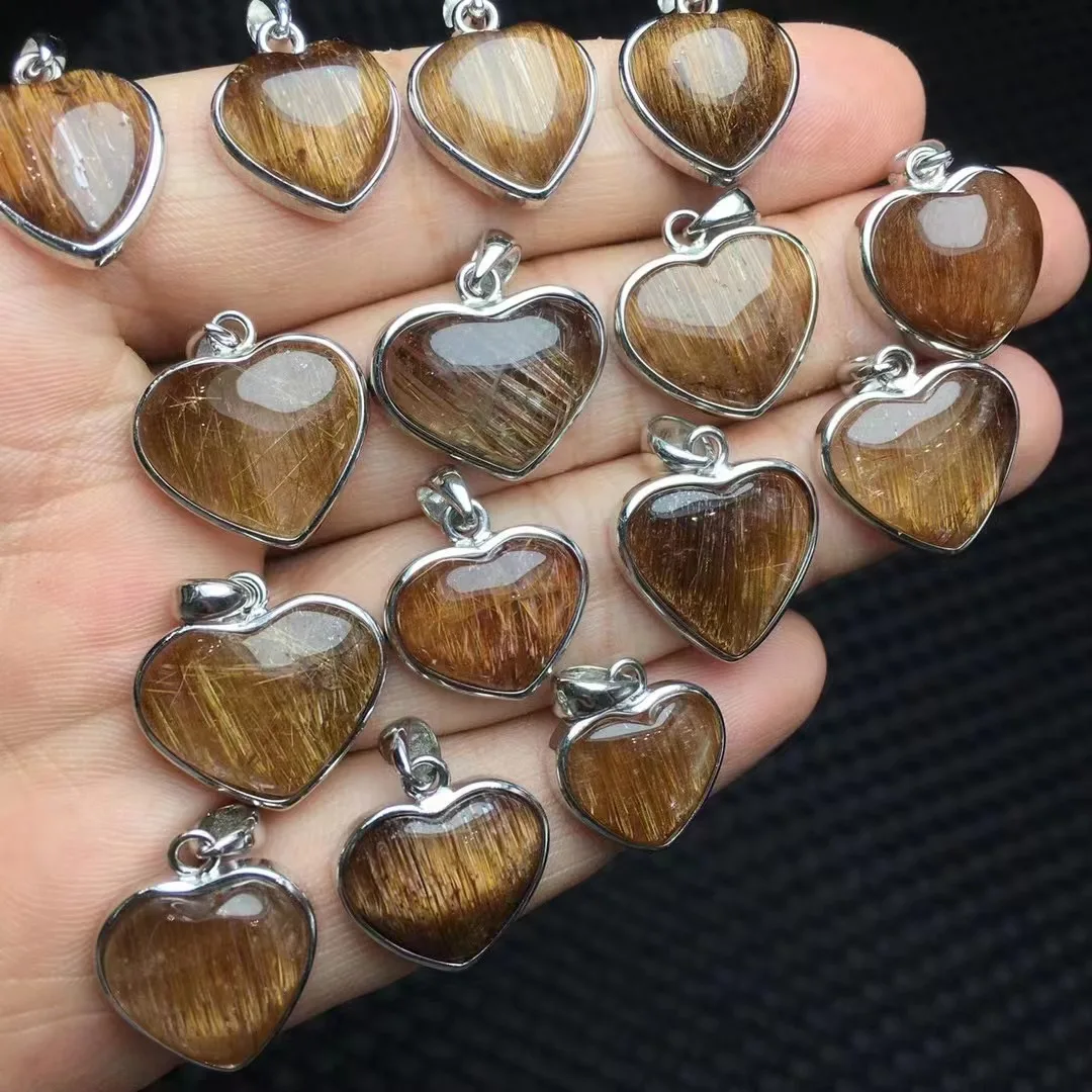 Unit One Piece 925 Silver Buckle With Popular Sale Natural Cooper Rutile Quartz Crystal Healing Heart Pendant For Gift