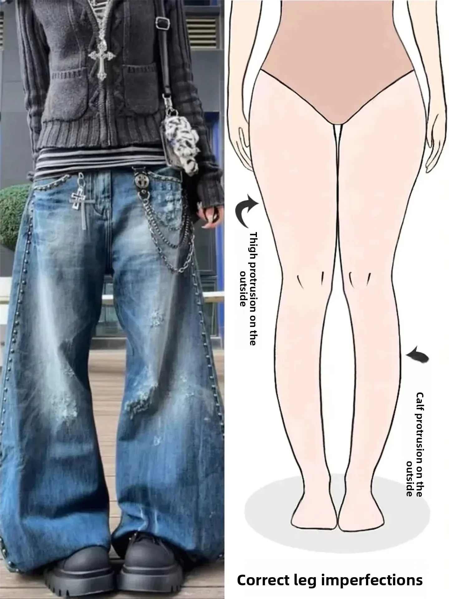 

Retro American Rivet Decorated Denim Jeans Women's Spring New Fashion Worn Loose Wide Leg Long Trousers Pear Body Shape