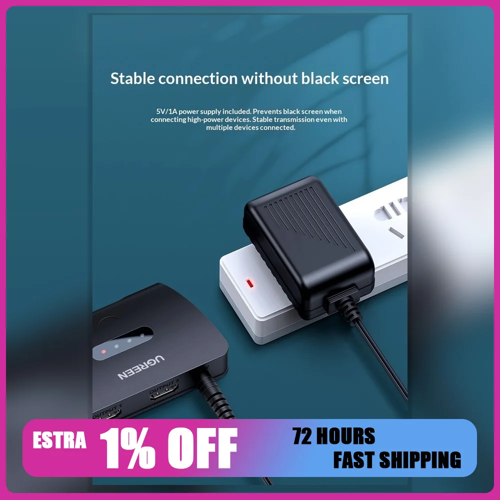 UGREEN 40207 HDMI Splitter 1 in 2 Out 4K 30Hz Dual Screen Mirroring Distributor for TV Monitor Projector