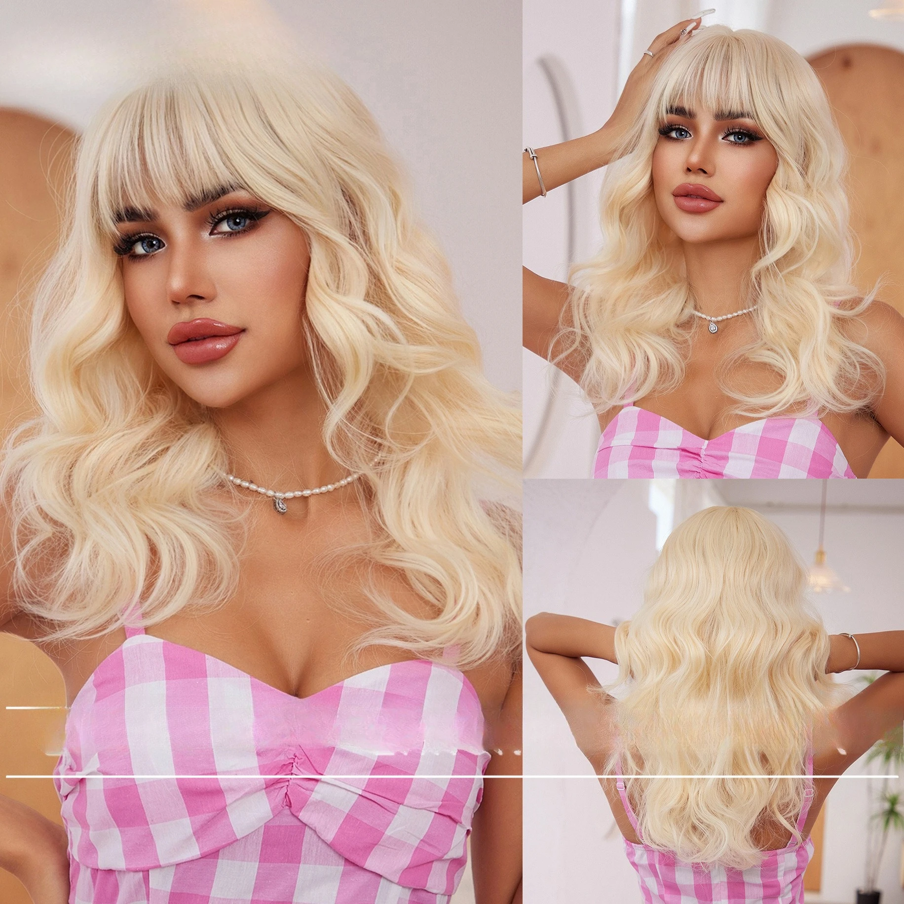 

Wig Girl Qi Bangs Long Curly Hair Wave Roll Lolita Age Reduction Fashion Internet celebrity cos Anime Beige Headgear
