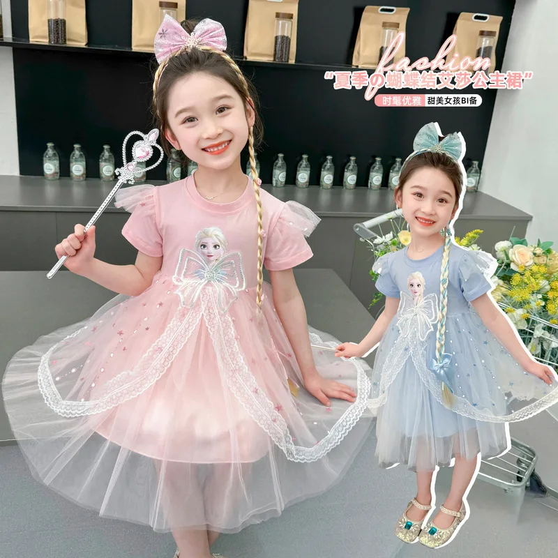 ديزني طفلة الصيف قصيرة الأكمام القوس إلسا الأميرة تي شيرت فستان الأطفال شبكة منتفخ فستان المجمدة