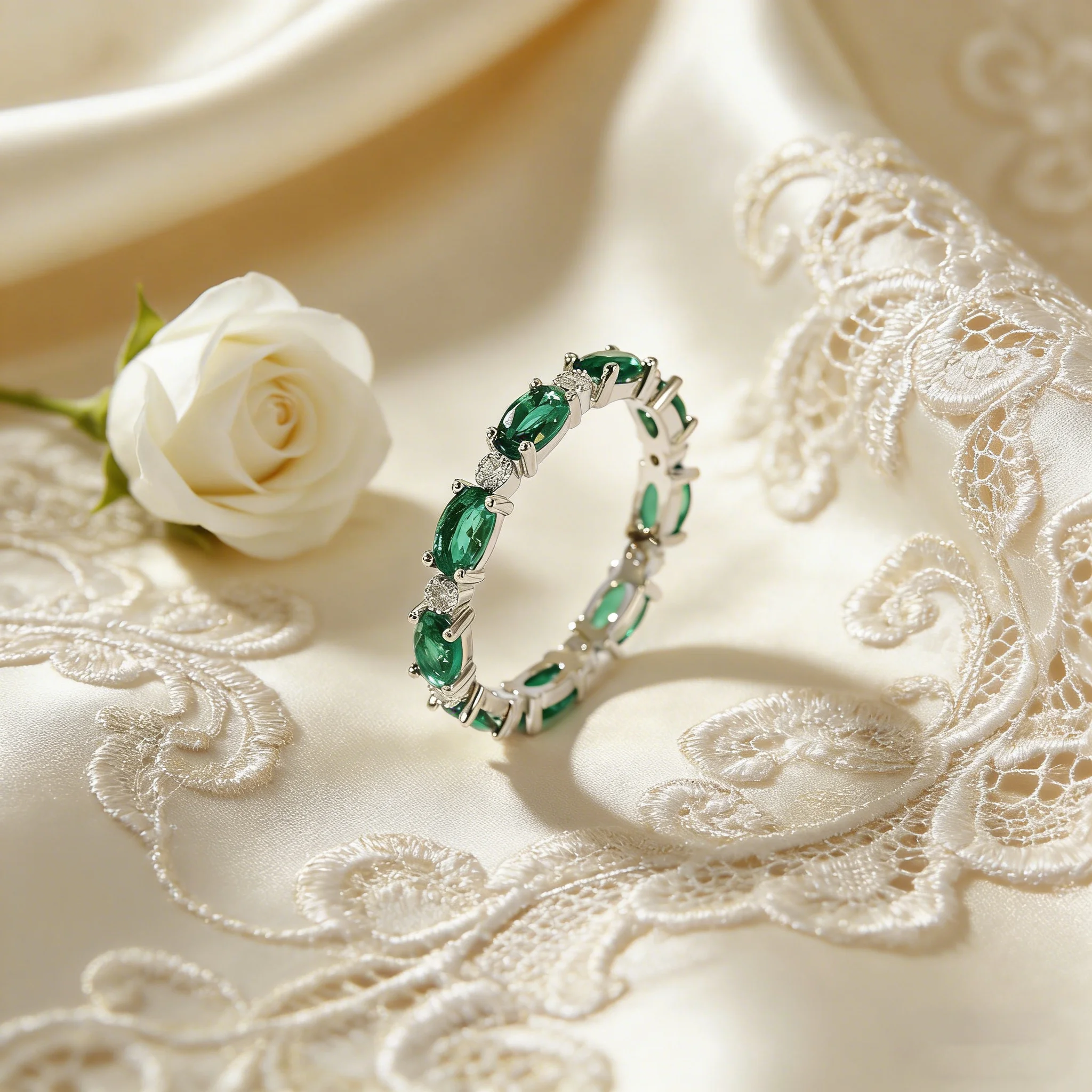 繊細なグリーンクリスタルのプロミスリング、ホワイトジルコニア - Wedding Z のレビューと価格