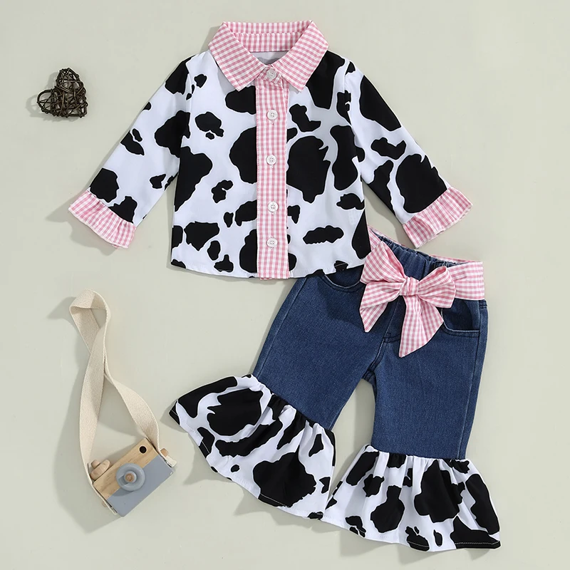 Little Girl Cow Outfit Lapel Neck Ruffle Sleeve Button Down Shirt Flare Denim Pants With Belt For Fall 1-6 Years Hot Sale