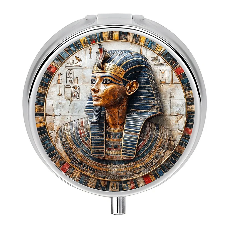 Single-piece, flat, Egyptian Pharaoh-themed round three-compartment storage box, vitamin storage box, romantic and cozy, very suitable for outdoor travel and office medication reminders