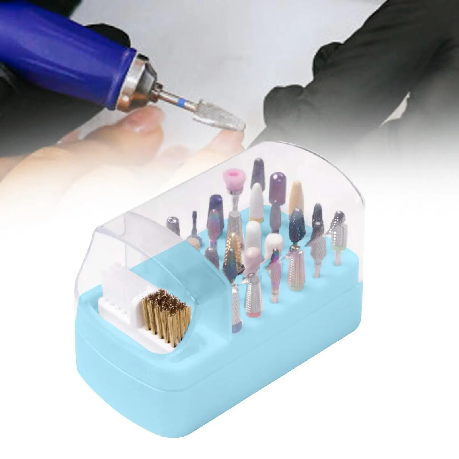 Portapunte per unghie antipolvere Scatola portaoggetti con coperchio trasparente Supporto per punte da trapano portatile con pennello per accessori per adesivi per nail art