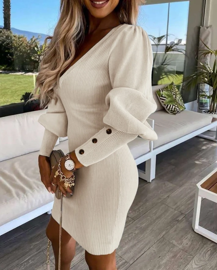 Elegant Solid Color Women's Dress 2024 Autumn New Puff Gigot Sleeve Buttoned Knit Bodycon Dress V-Neck Casual Hip-Hugging Dress