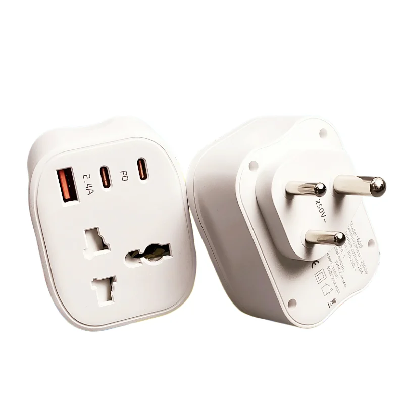 SA 3 Round Pin Travel Charger Adapter, Universal Outlet with PD Type-C + Dual USB Ports, Multi-function Wall Socket for South