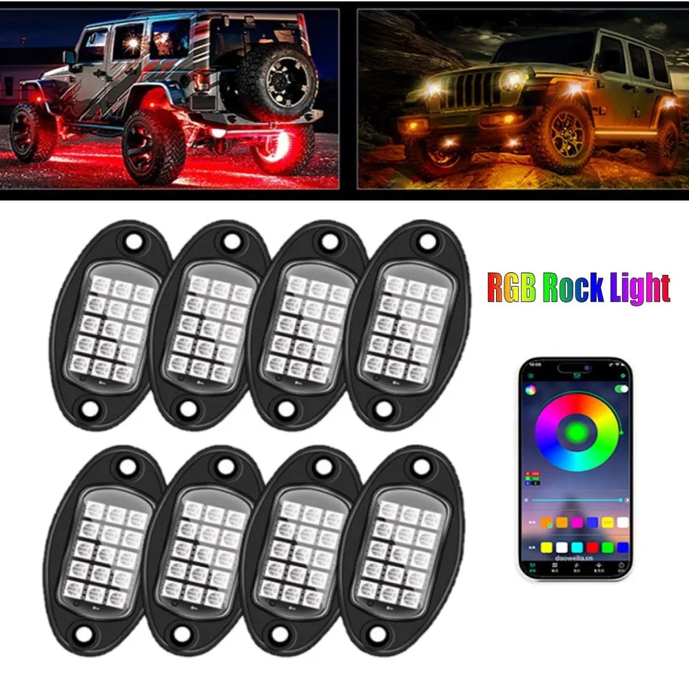 4/8 Pods RGB LED Rock Light 15 LEDs APP Control Music Neon Car Underglow Chassis Light for Offroad Truck SUV Rock Lights.