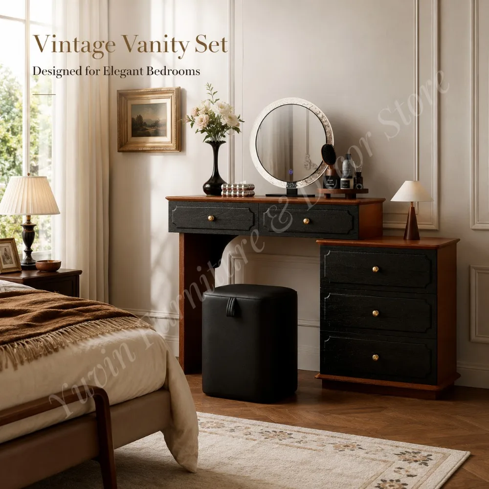 Vintage Black Walnut Dressing Table Set with Round Mirror and Storage Cabinet Wooden Makeup Vanity Desk with Drawers for Bedroom