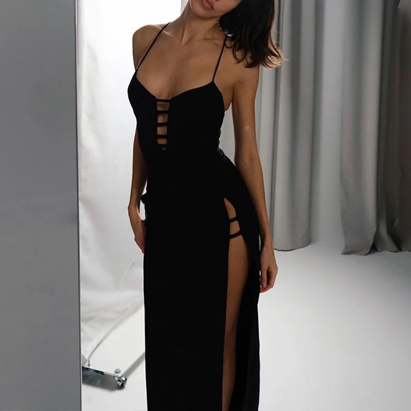 OMSJ Summer Black Sling V Neck High Waisted Backless Cut Out Double Side High Slit Straight Long Dresses Fashion Club Party Robe
