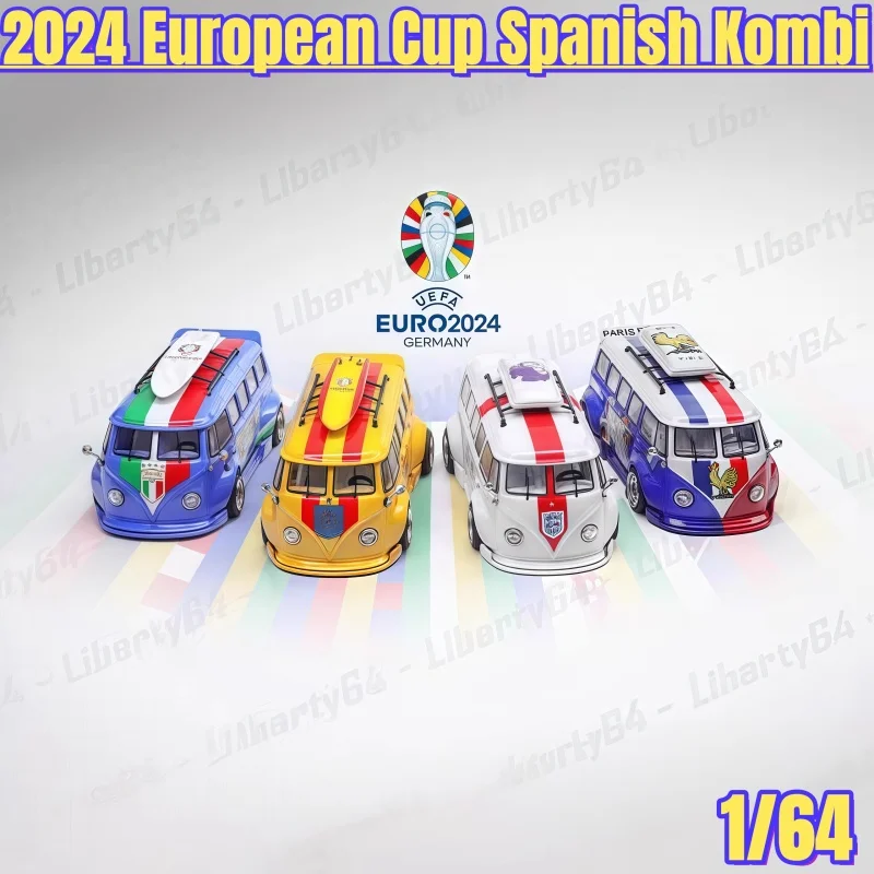 1:64, T1 van 2024 Copa Europeia Espanhola Kombi, modelo de brinquedo de carro de simulação em miniatura estática fundida em liga metálica, ornamento de coleção.