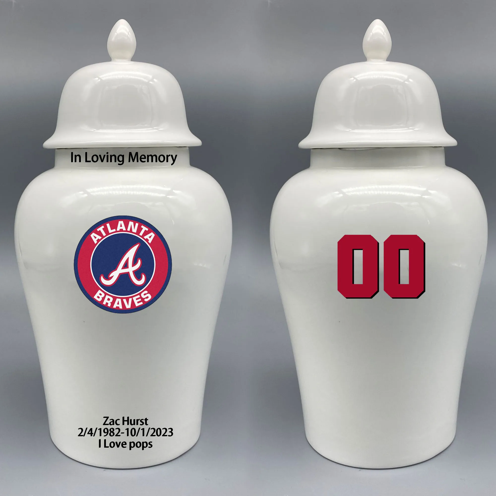 Large Urn for Atlanta Braves-themed Logo Urn.Please send me the customize information-name/date and number on the urn