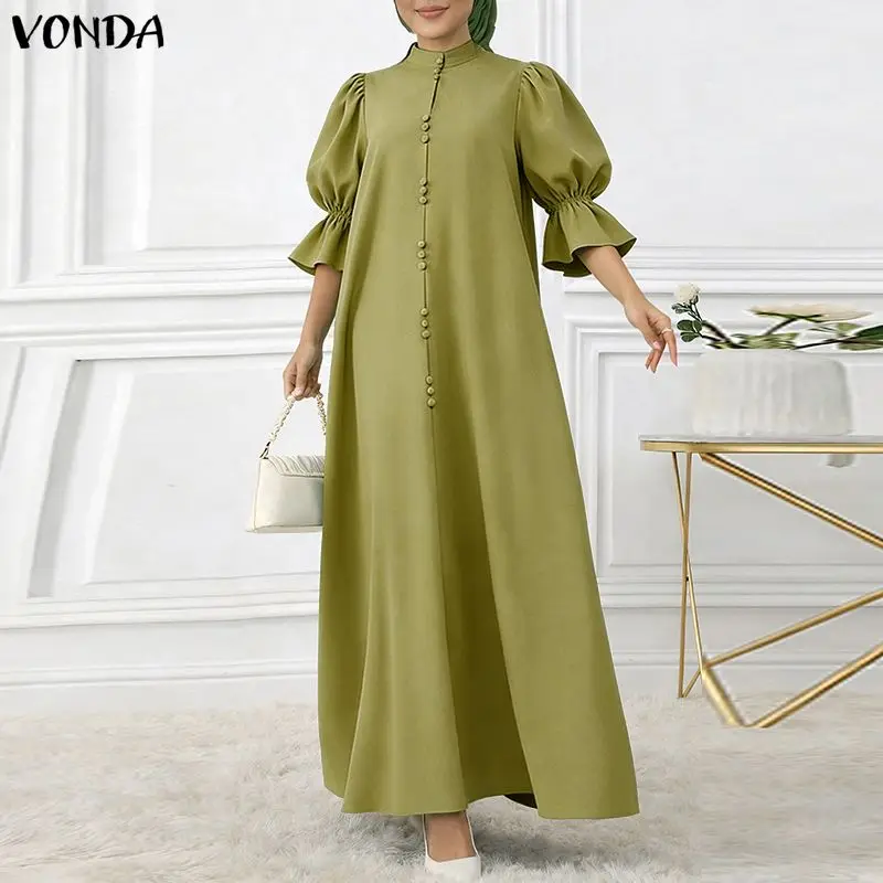 

VONDA Fashion Women Plus Size Dresses Solid Stand Collar Long Maxi Dress Summer Spring Party 3/4 Sleeve Vestidos Streetwear