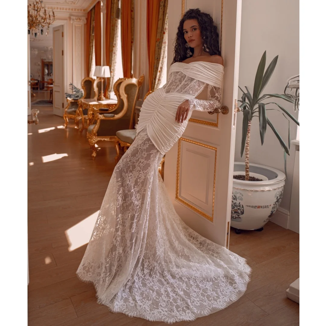 

French Mermaid Wedding Dresses Off the Shoulder Lace Long Sleeves Bridal Gown Pleat Plus Size robe de mariée Customized
