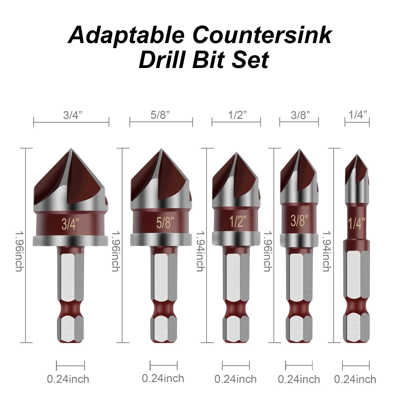 5pcs M35 Cobalt Countersink Drill Bit Set 5 Flute 82° 1/4