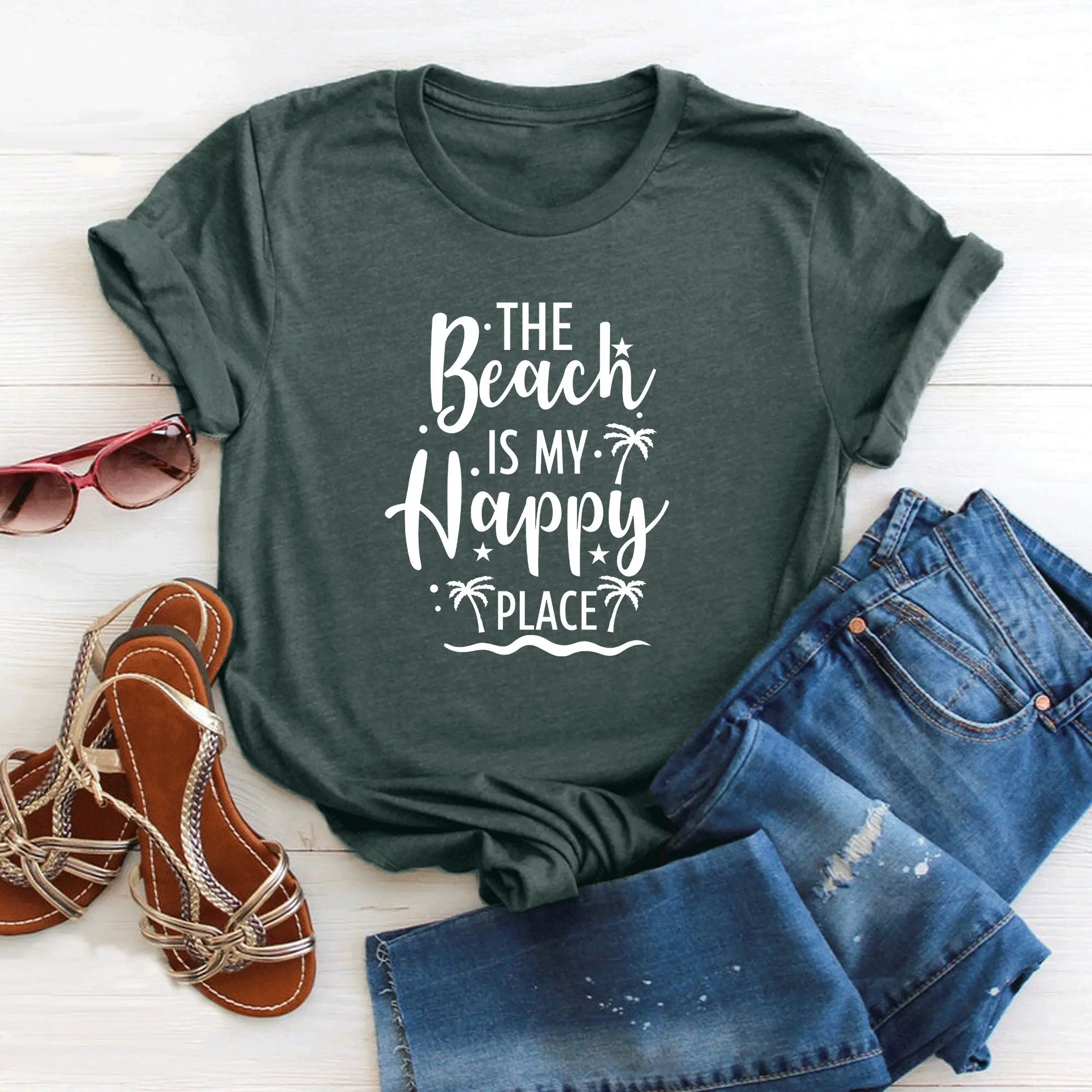 The Beach Is My Happy Place T Shirt Girl Vacation Life Summer Vacay Mode Nature Lover