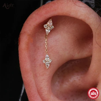 Aide 1szt 925 Sterling Silver Rhombus Pendientes Piercing Flower Zircon Kolczyki sztyfty dla kobiet K Gold Elegancka biżuteria Prezent na imprezę