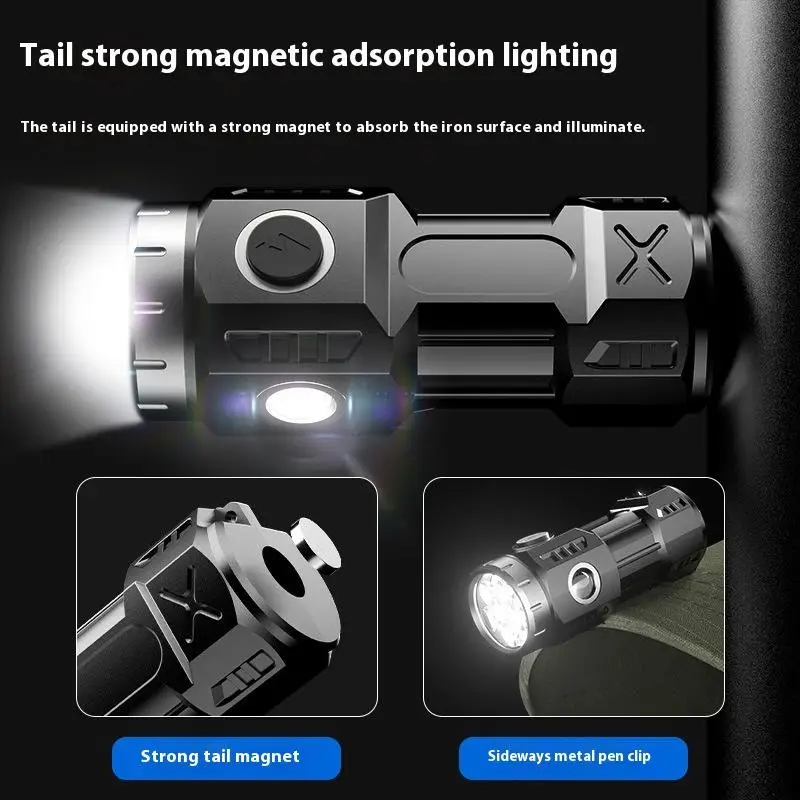 Mini linterna LED recargable, luz de emergencia para acampada con luces laterales y cola de pantalla con imán para explorar acampar