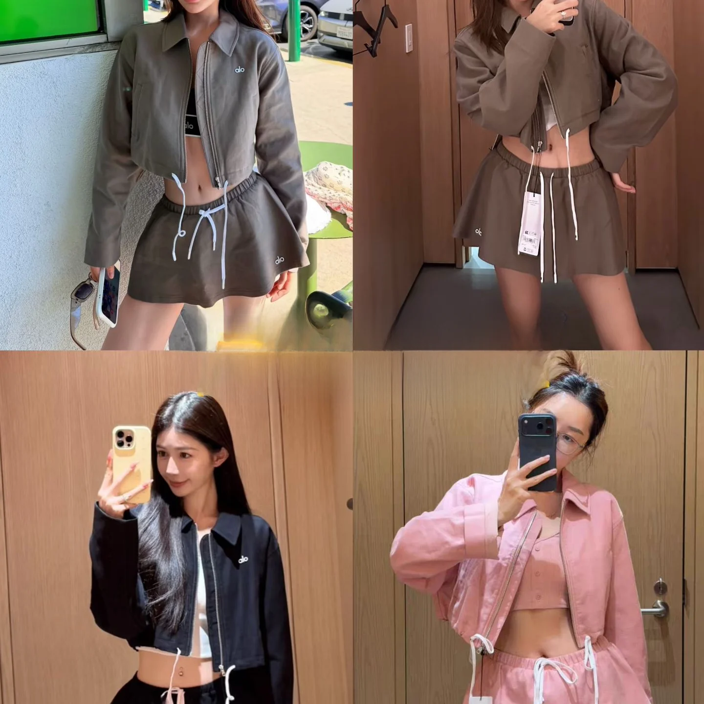 

Summer Women's Miu Series Drawstring Zipper Collar Jacket Short Coat Set Casual Sports High Waist Short Skirt Ensemble