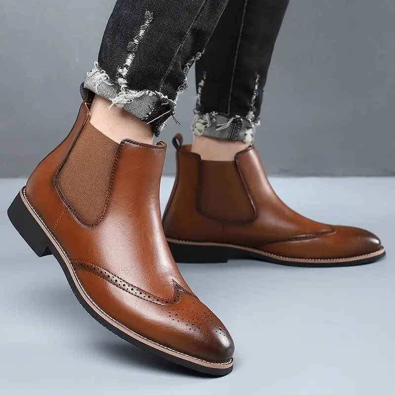 

​British Retro Pointed Toe Chelsea Boots for Men Spring and Autumn Fashion Soft Sole High Top Business Leather Shoes​