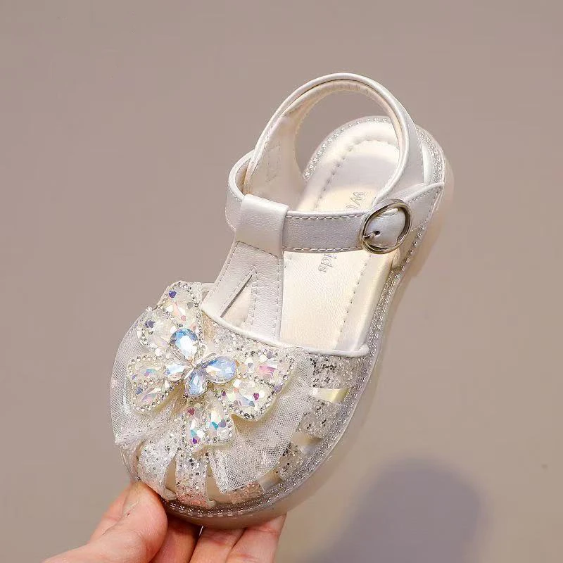 New Summer Children Crown Sandals Wedding Party Girls Bowknot Pearl Shoes Sweet Elegant Kids Causal Flat Sandals