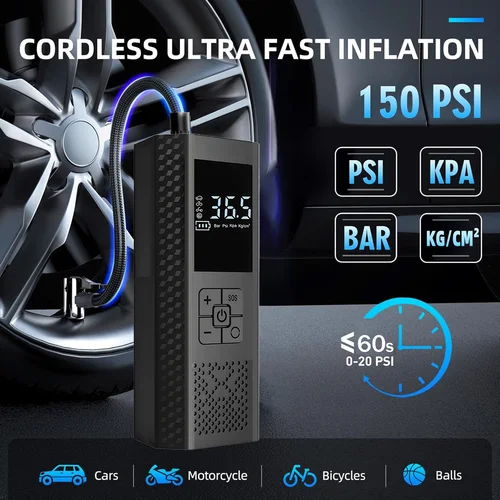 Imagen 2 del producto Bomba de aire inalámbrica para coche, inflador de neumáticos eléctrico de 150PSI, compresor de aire portátil para neumáticos y bolas de motocicleta, bicicleta y coche