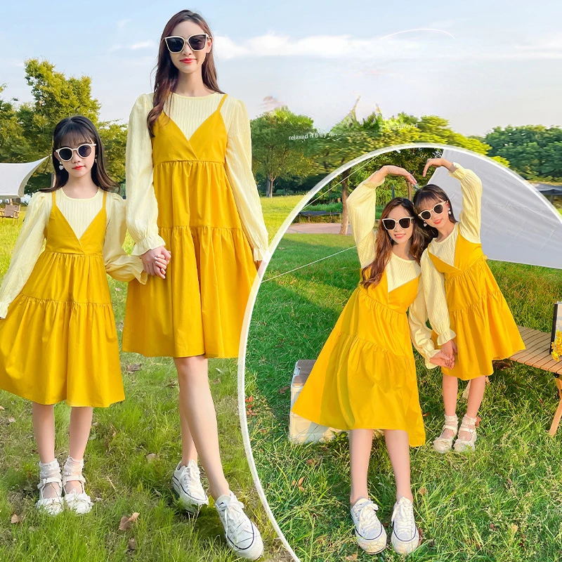 

Parent-child Clothing Autumn New Girls Dress Children Sling False Two Skirts Spring and Autumn Fresh Mother-daughter Clothing