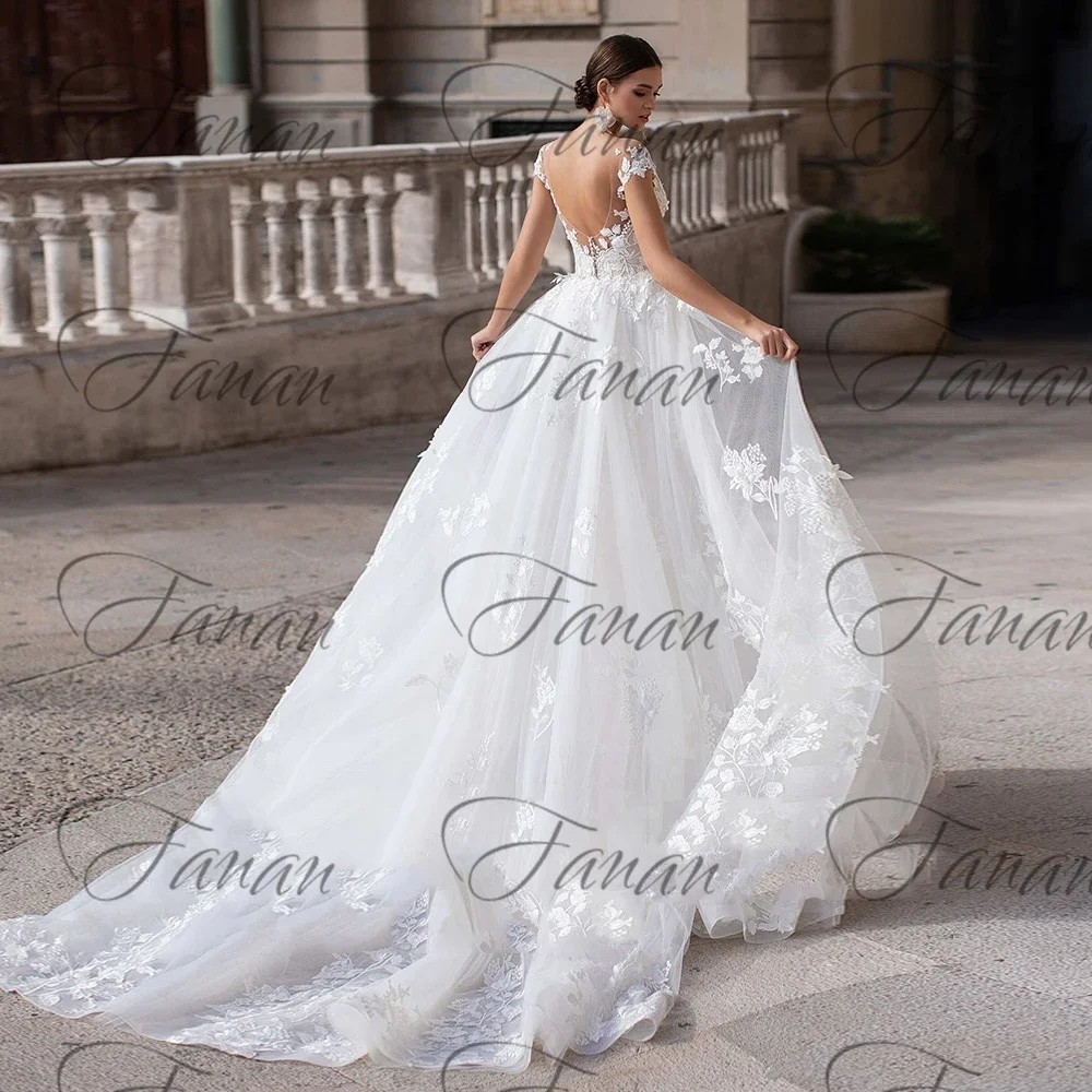 Customized Luxury Short Cap Sleeve Mermaid Wedding Dress With Detachable Train 3D Flowers  Gowns Long Applique Bridal 