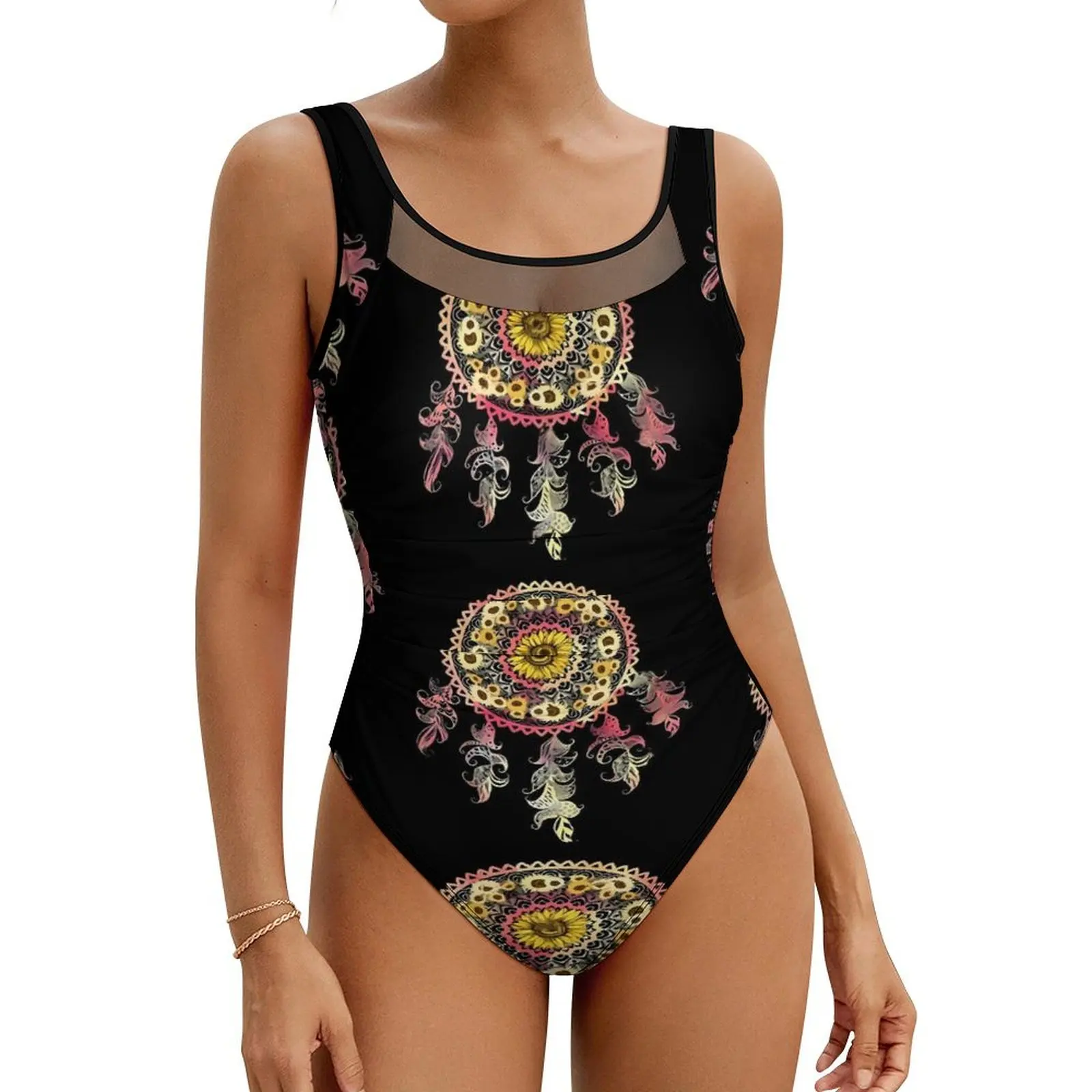 Dream Catcher Swimsuit Sunflower Swimwear One Piece Surfing Swimsuits Sleeveless Bathing Suit Woman Push Up Sexy Beachwear Gift