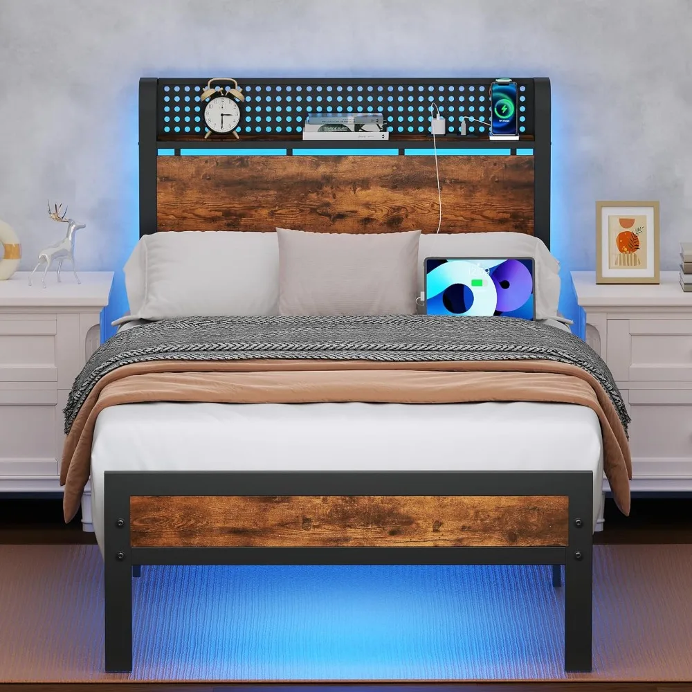 

Bed Frame with LED Lights and Charging Station with Wood Storage Headboard,Under Bed Storage,USB Port,Strong Metal Slats