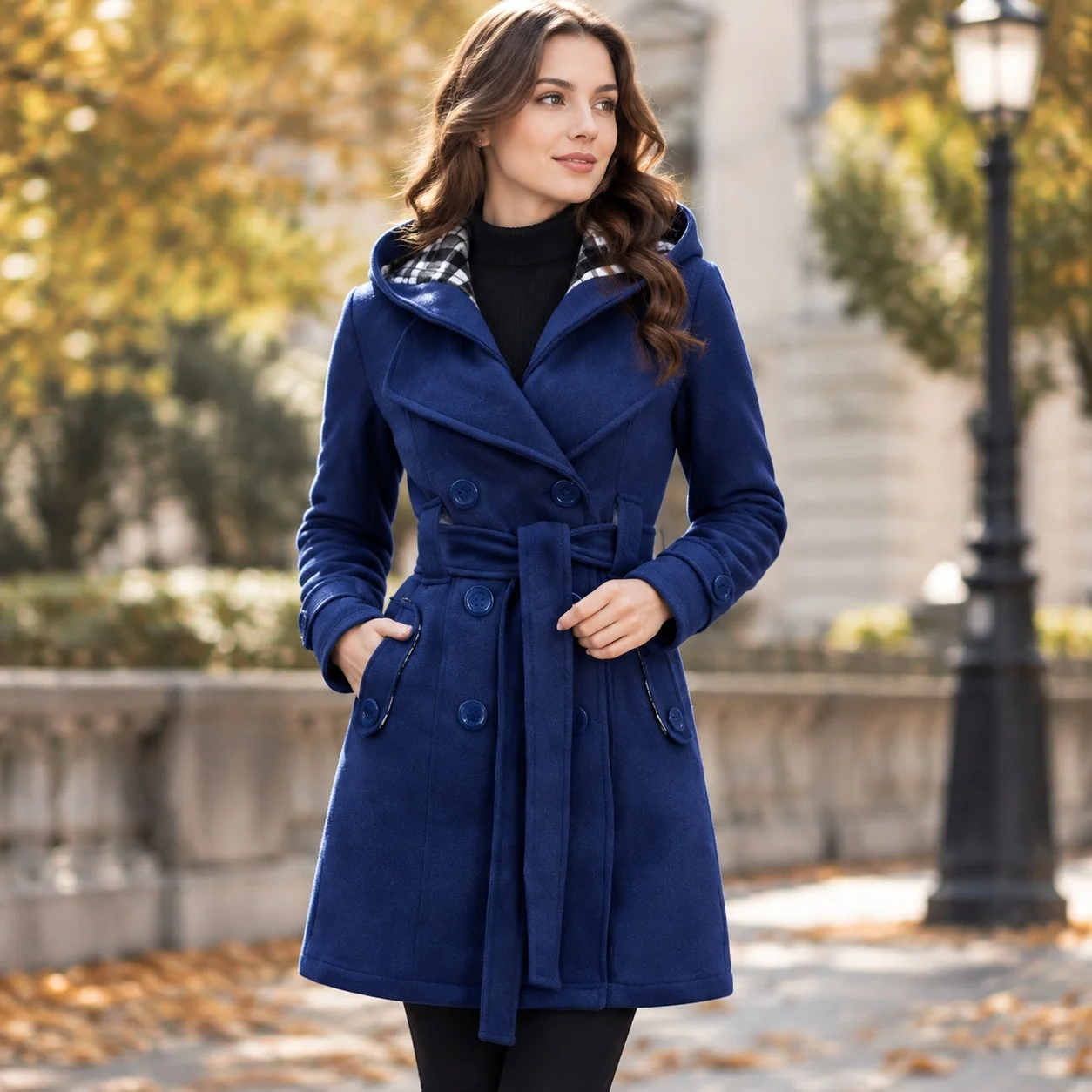 Plaid Hooded Belt Coat with Long Sleeves Slim Fit Vintage Artistic Patchwork Construction Mid Length Women Coat for Autumn