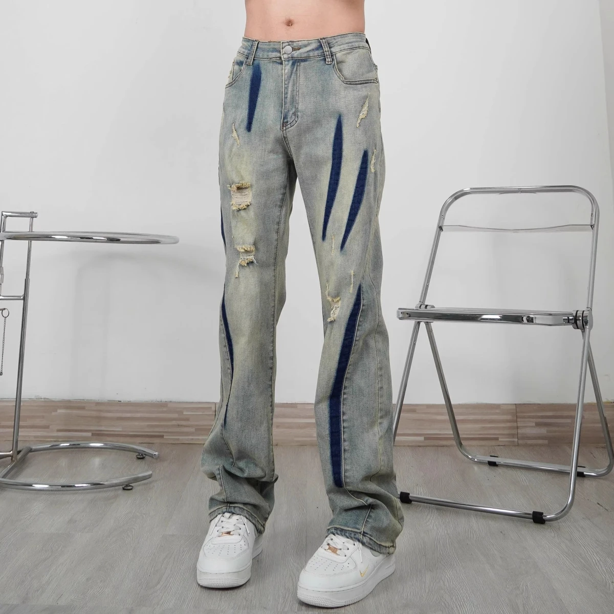 

American Retro Blue Hole Denim Pants Men's Summer Straight Micro Flared Jeans Cotton Elastic Fabric Youth ular Sle