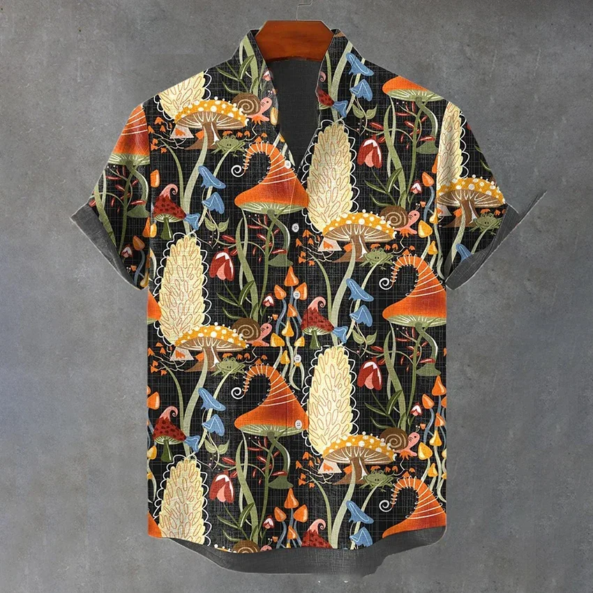 

2024 Summer New Men's Short Sleeve Stand Collar Shirt Hawaiian Fantasy Mushroom Print Casual Men's Shirt Fashion Tops