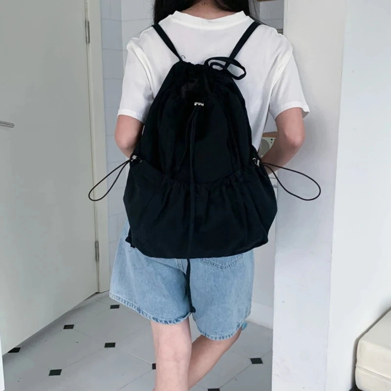 Sac à dos monochromatique plissé avec ficelle de proximité pour femme, grande capacité, niche décontractée, Cent sacs en toile, initié, simple, mode